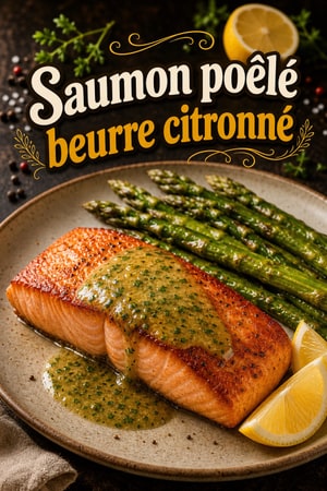 Saumon poêlé, beurre citronné aux herbes et asperges
