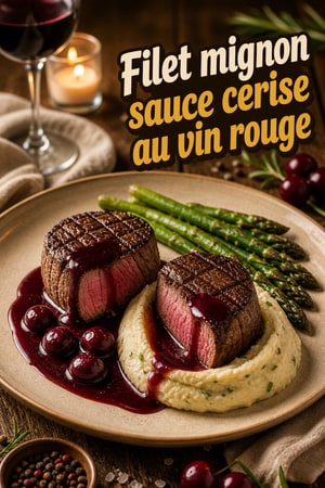 Filet mignon poêlé, sauce cerise au vin rouge brillante