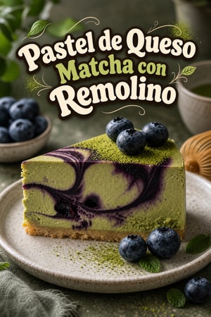 Pastel de Queso Matcha con Remolino de Arándanos