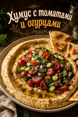 Хумус с горкой помидоров и огурцов