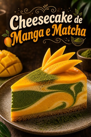Bolo de Queijo com Calda de Manga e Matcha