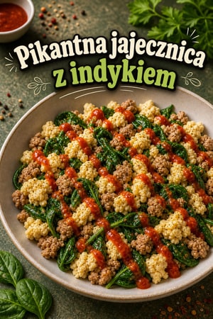 Pikantna jajecznica z indykiem, białkami i sosem Sriracha