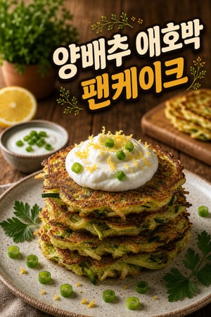 바삭한 양배추 애호박 팬케이크와 레몬 허브 요거트, 20분 완성 간단하고 건강한 채식 아침