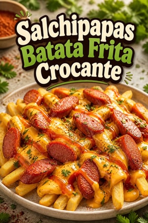 Salchipapas: Batata Frita Crocante com Salsichas e Molho de Queijo