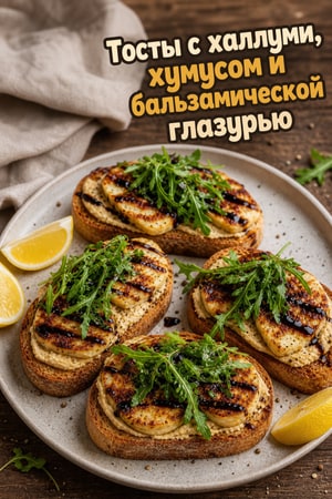 Тосты с халлуми, хумусом и бальзамической глазурью