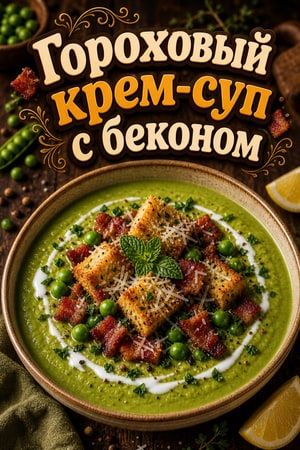 Крем-суп из гороха с беконом и хрустящими крутонами