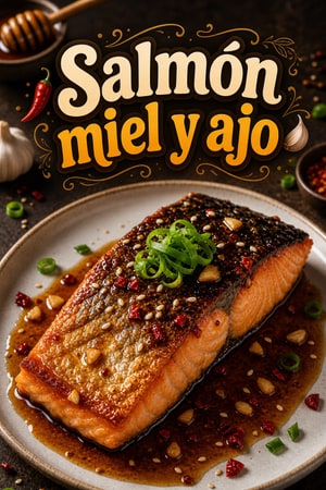 Salmón picante con miel y ajo, piel crujiente y glaseado