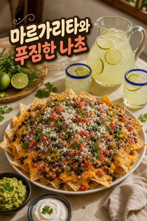 금요일 밤의 마르가리타 피처와 푸짐한 나초