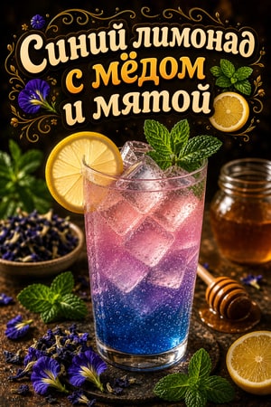 Лимонад из чая бабочки-клитории с мёдом и мятой в газировке