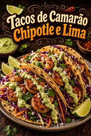 Tacos de Camarão Chipotle e Lima com Crema de Abacate