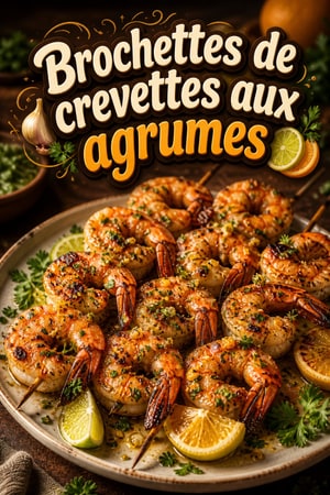 Brochettes de crevettes à l'ail et aux trois agrumes