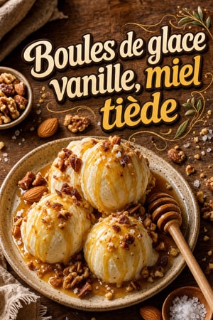 Boules de glace vanille, miel tiède et noix toastées