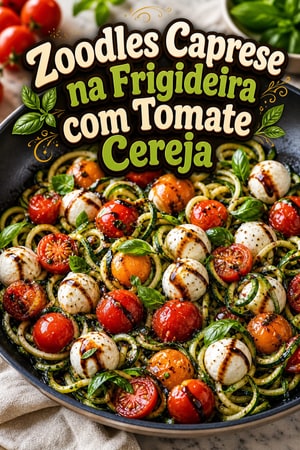 Zoodles Caprese na Frigideira com Tomate Cereja e Manjericão