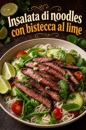 Insalata di noodles di riso con bistecca, aglio e lime