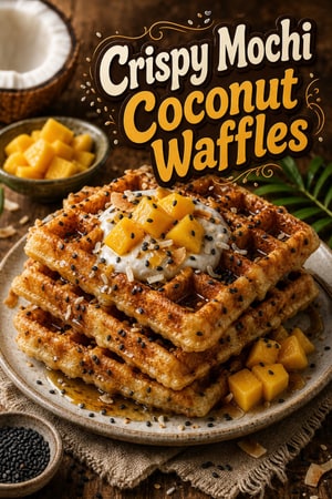 Crispy Mochi Coconut Waffles with Toasted Black Sesame