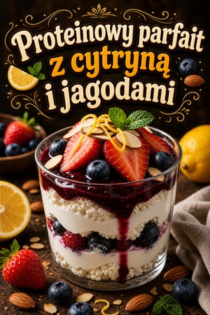 Białkowy parfait z twarogu, cytryną, jagodami i migdałami
