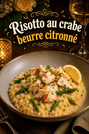 Risotto au crabe élégant poché au beurre, citron et herbes
