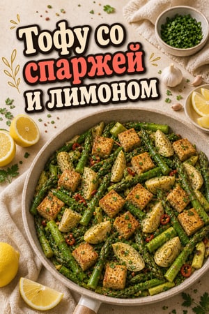 Лимонно-чесночный стир-фрай с тофу, спаржей и артишоками