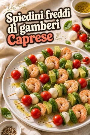 Spiedini freddi estivi di gamberi e Caprese con avocado