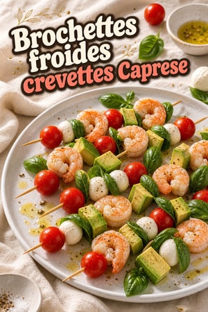 Brochettes froides méditerranéennes crevettes et Caprese