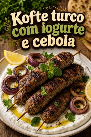 Kofte turco especiado com molho de iogurte e cebola grelhada