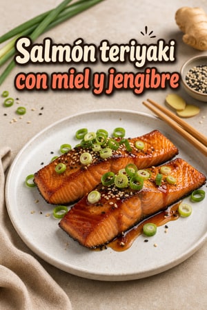 Salmón teriyaki salteado con glaseado de miel y jengibre