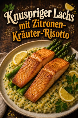 Knuspriger Lachs mit Zitronen-Kräuter-Risotto für zwei