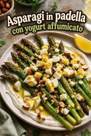 Asparagi in padella con yogurt affumicato e mandorle
