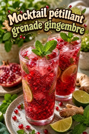 Mocktail pétillant à la grenade, gingembre et menthe fraîche