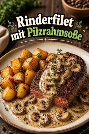 Saftiges Rinderfilet mit Kartoffeln und Pilzen in Buttersoße