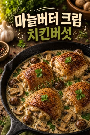 풍미 가득한 마늘 버터 크림 소스 치킨과 버섯 프라이팬 요리
