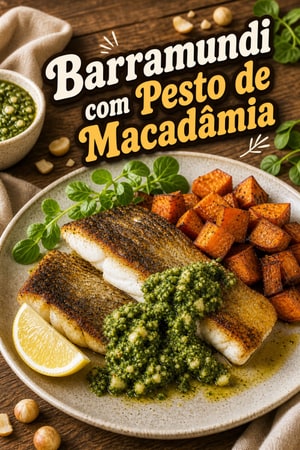 Barramundi Grelhado com Pesto de Macadâmia e Batata-Doce