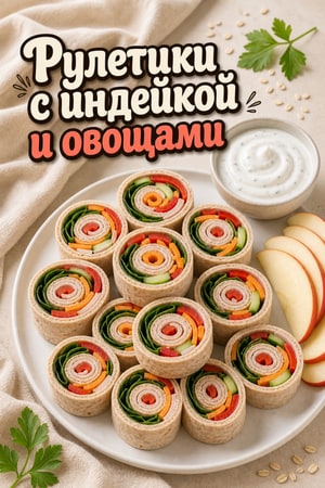 Мини-рулетики из индейки с овощами и соусом из йогурта