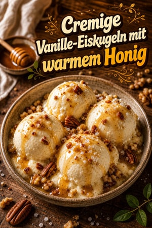 Cremige Vanille-Eiskugeln mit warmem Honig & Nüssen