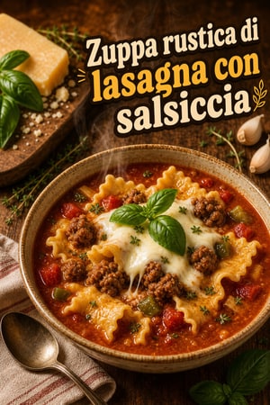 Zuppa rustica di lasagna con salsiccia e mozzarella