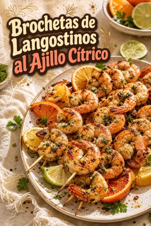 Brochetas de Langostinos al Cítrico y Ajo con Hierbas Frescas
