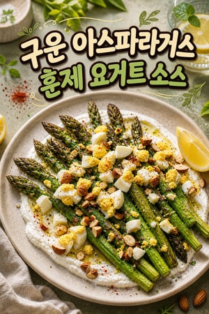 훈제 파프리카 요거트와 아몬드를 곁들인 팬 로스트 아스파라거스