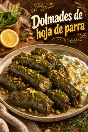Dolmades de hoja de parra con limón, eneldo y piñones
