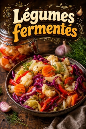 Légumes fermentés colorés aux probiotiques, ail et aneth