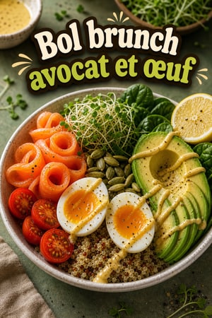 Bol brunch énergisant aux œufs, avocat et quinoa
