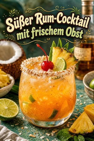Süßer Rum-Cocktail mit frischem Obst und Kokos-Note