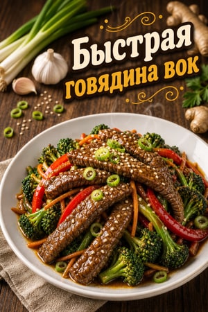 Быстрая говяжья вок-обжарка с чесноком, имбирём и кунжутом
