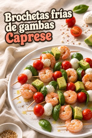 Brochetas frías mediterráneas de gambas y caprese cremosas