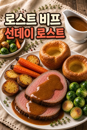클래식 영국·아일랜드 선데이 로스트 — 로스트 비프와 바삭한 감자, 요크셔 퍼딩 그리고 진한 그레이비와 함께