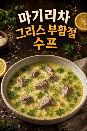 마기리차: 전통 그리스 부활절 수프 — 달걀-레몬 아보레모노로 끓인 양고기 내장 스튜 따뜻하고 소박한 가족식