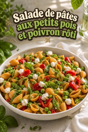 Salade de pâtes aux petits pois et poivron rouge rôti