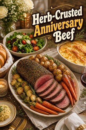 Elegant Anniversary Buffet Menu with Herb-Crusted Beef and Roasted Vegetables