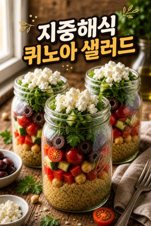 바쁜 평일을 위한 페타 올린 지중해식 병 퀴노아 샐러드 간편한 도시락, 상큼하고 든든한 한 끼
