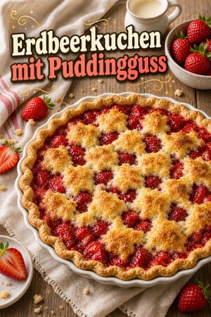 Einfacher Erdbeerkuchen mit Gussdecke und buttrigem Mürbeteig