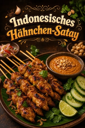 Authentisches indonesisches Hähnchen-Satay mit Erdnusssauce